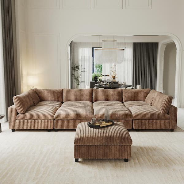 197 in. Oversized Square Arm Plush Soft Velvet L-Shaped Sectional Sofa 9-Seater with Ottoman, Washable Covers in Brown