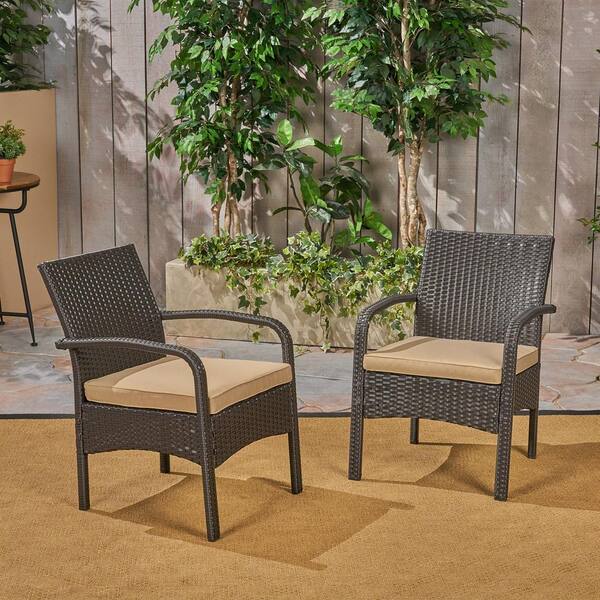 Noble House Lena Brown Stationary Faux Rattan Outdoor Patio Lounge Chair with Tan Cushion (2-Pack)