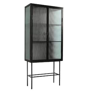 Retro Black Fluted Glass High Cabinet Storage Side Board with Dual Doors 3 Detachable Wide Shelves