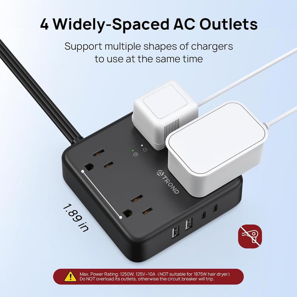 Black 4-Outlet Power Strip with USB-A and USB-C Ports