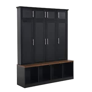 Black Multi-Functional Hall Tree Entryway Cabinet with 4-Hidden Hanging Hooks and Brown Wood Grain Bench