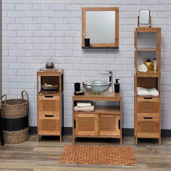 Bathroom Linen Storage Tower Cabinet Cebu Bamboo - Black Wood