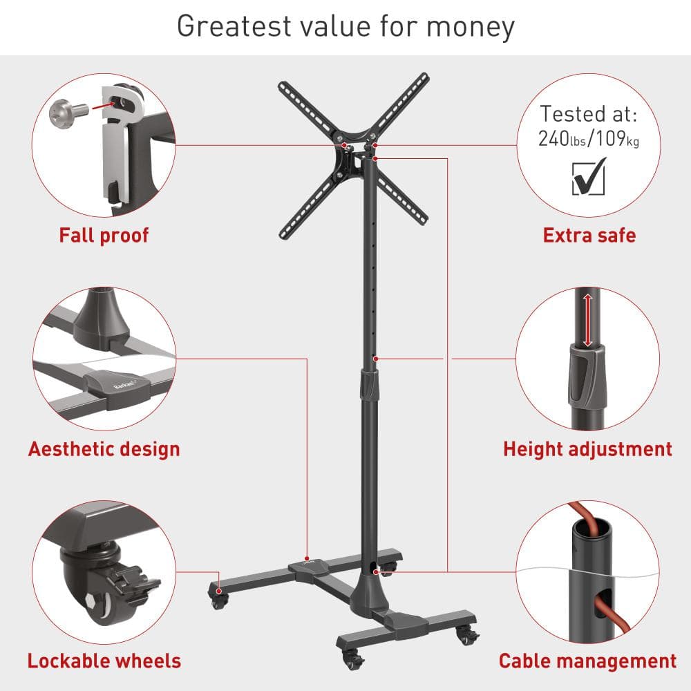 Black Adjustable Mobile TV Stand for 13-65 Inch Screens