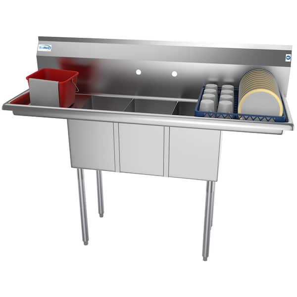 Koolmore 54 in. Freestanding Stainless Steel 3 Compartments Commercial Sink with Drainboard