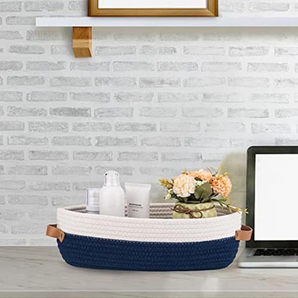 Dracelo Freestanding Woven Storage Basket for Toilet Tank Top, Bathroom,  Table and Counter in Navy Stitching White 1 pack B09C24926M - The Home Depot
