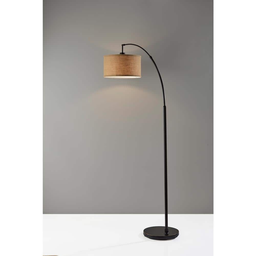 Antique Bronze Burlap Arc Floor Lamp with Drum Shade