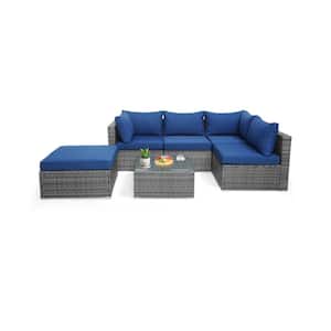 6-Piece Wicker PE Rattan Outdoor Sectional Set with Seat and Back Navy Cushions,Tempered Glass