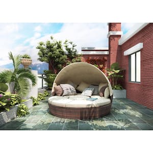 Brown Wicker Outdoor Day Bed with Beige Cushions