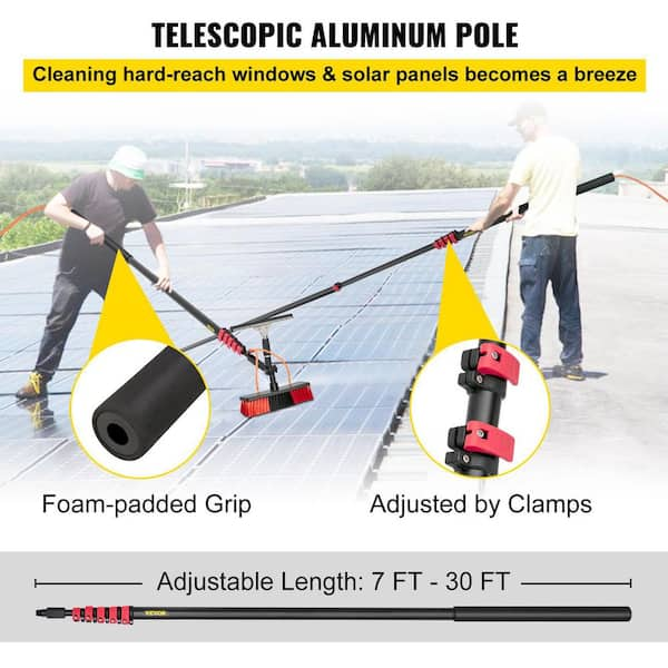 30 ft. Solar Panel Cleaning Brush and Pole Water Brush with Squeegee 3-in-1  Aluminum Outdoor Window Cleaner