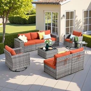 Howell 9-Piece Wicker Outdoor Furniture Patio Conversation Sofa Set with Swivel Rocking Chairs and Orange Red Cushions