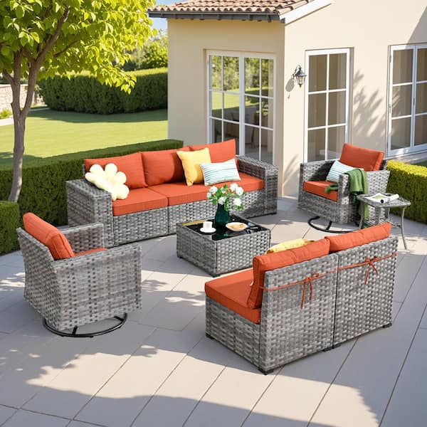 Howell 9-Piece Wicker Outdoor Furniture Patio Conversation Sofa Set with Swivel Rocking Chairs and Orange Red Cushions