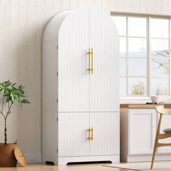White Wood 31.5 in. W Fluted Arched Kitchen Island Pantry Cabinet with 3-Adjustable Shelves, Hidden Drawer