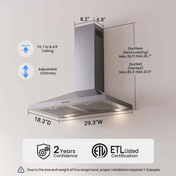 VIKIO 30 in. 380 CFM Convertible Kitchen Wall Mount Range Hood in