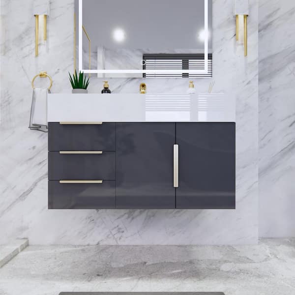 Bethany 36 in. W x 20 in. D x 22 in. H Single Sink Floating Bath Vanity in Gloss Gray with White Acrylic Top