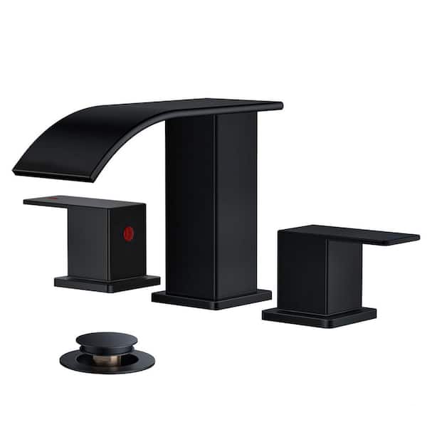 Double Handle 8 in. Widespread Bathroom Faucets with Metal Pop-up Drain in Black