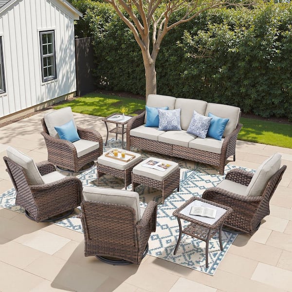 9-Piece Wicker Swivel Patio Conversation Set, Sofa, Swivel Chairs, Footstools and Table with Beige Cushions