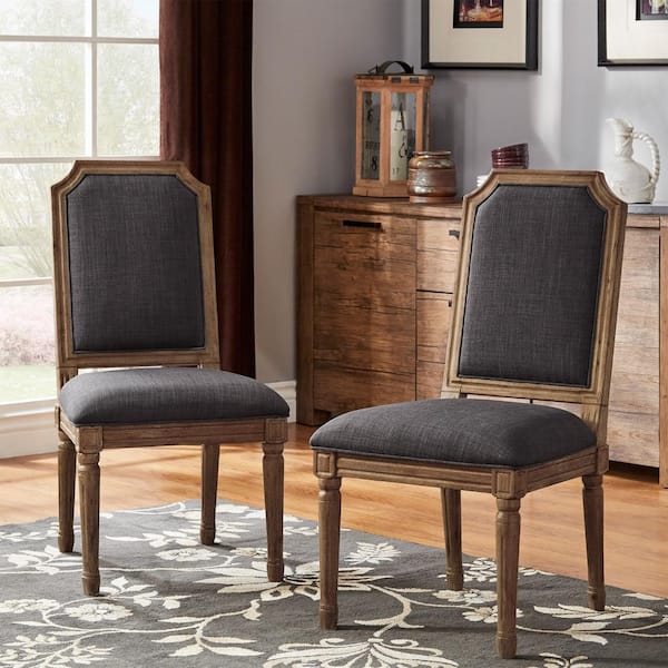 HomeSullivan Brown Finish Dark Grey Arched Linen And Wood Dining Chairs (Set of 2)