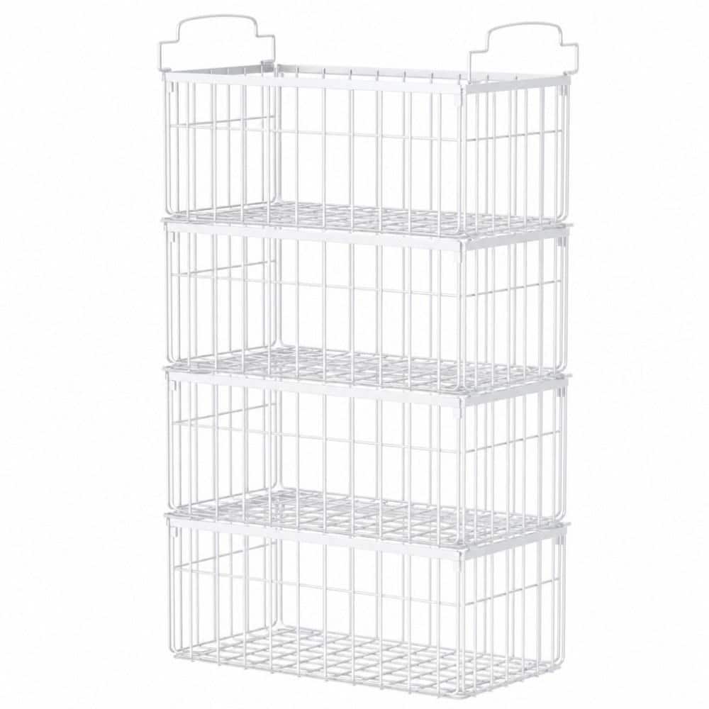 Wudkey 1-Shelf 4-Pack Stackable Freezer Storage Bin with Rustproof Metal Frame, Foldable Baskets with Handles, in White