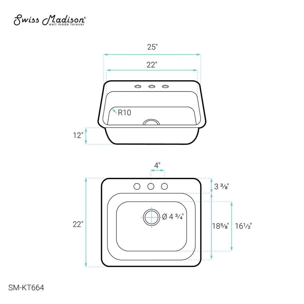 Ouvert 25 x 22 Stainless Steel Single Basin Top Mount Kitchen Sink