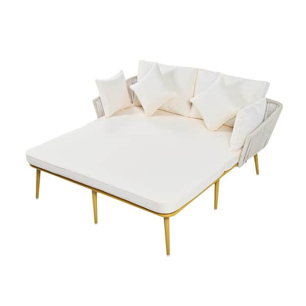 ToolCat Metal Outdoor Patio Day Bed, Woven Nylon Rope Backrest with Washable Cushions for Balcony, Beige