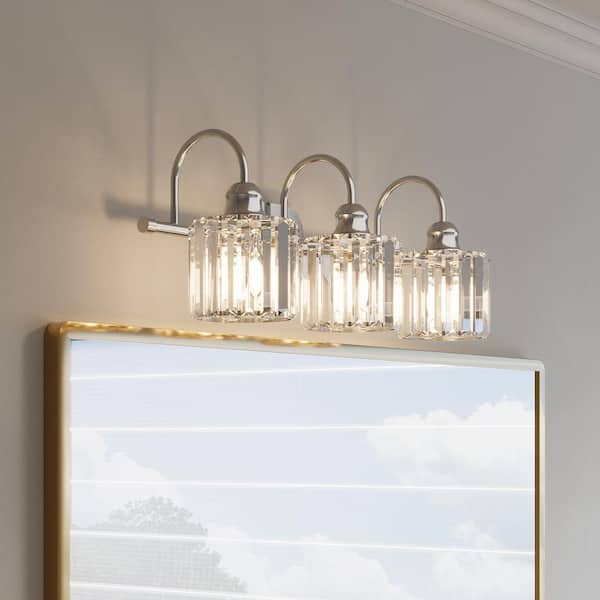 Merrin 23.1 in. 3-Light Brushed Nickel Bathroom Vanity Light with Crystal Shades