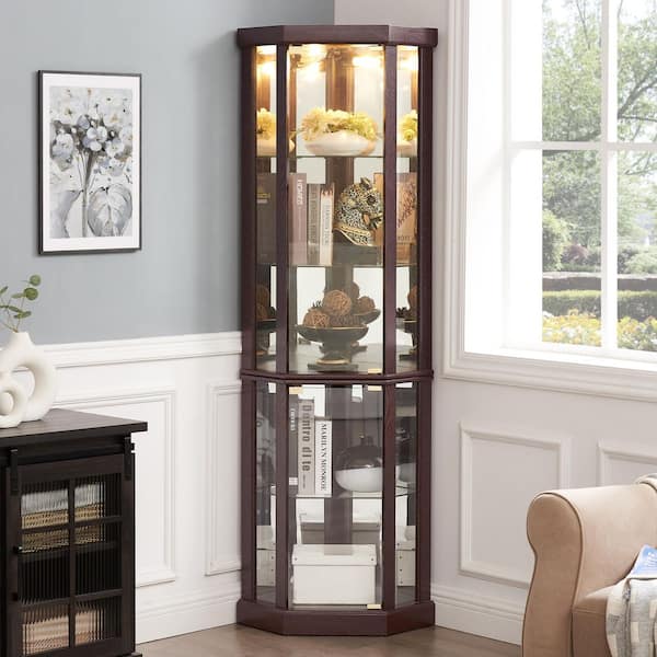 69.85 in. H Cherry Corner Curio Cabinet, Glass Display Cabinet, Bar Glass Storage with LED Lights and Adjustable Shelves
