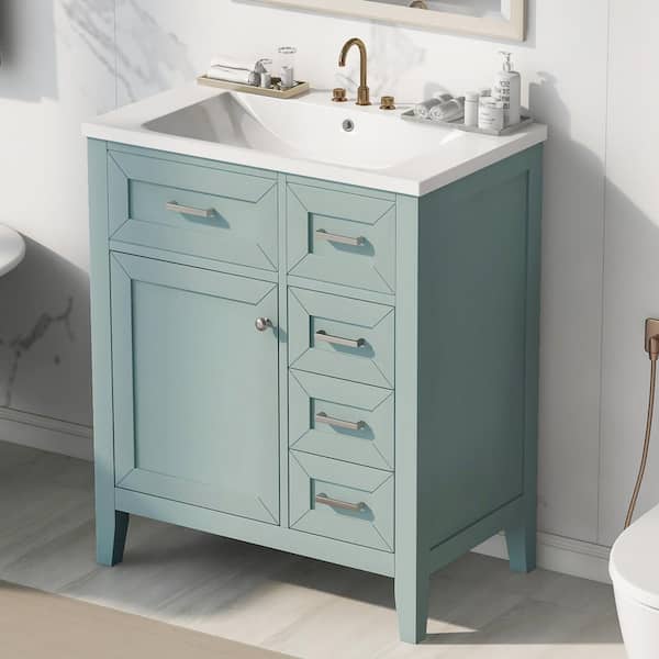 Unbranded 30 in. W x 18 in. D x 35.74 in. H Freestanding Bath Vanity in Green with White Ceramic Top Sink