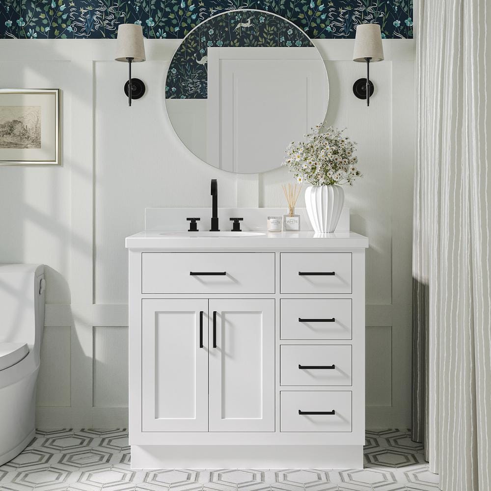 White Hardwood Freestanding Single Vanity with Quartz Top