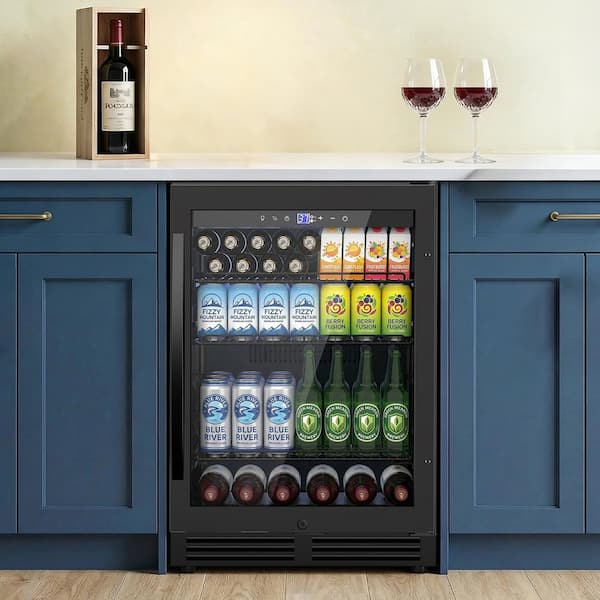 23.5 in. Single Zone 235-Can Built-in Beverage Cooler in Black Mini Refrigerator 4.9 cu. ft. Auto Blue Lighting