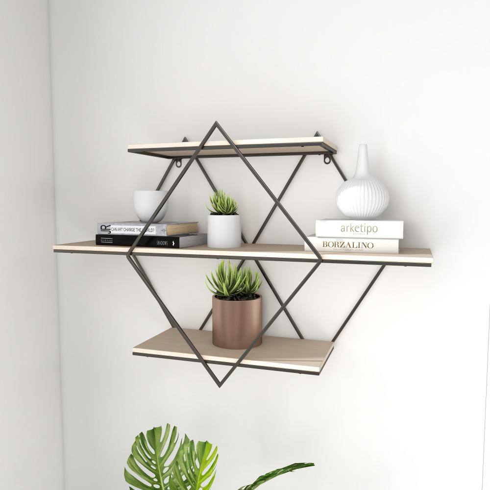 Brown Wood Geometric Wall Shelf with Metal Frame