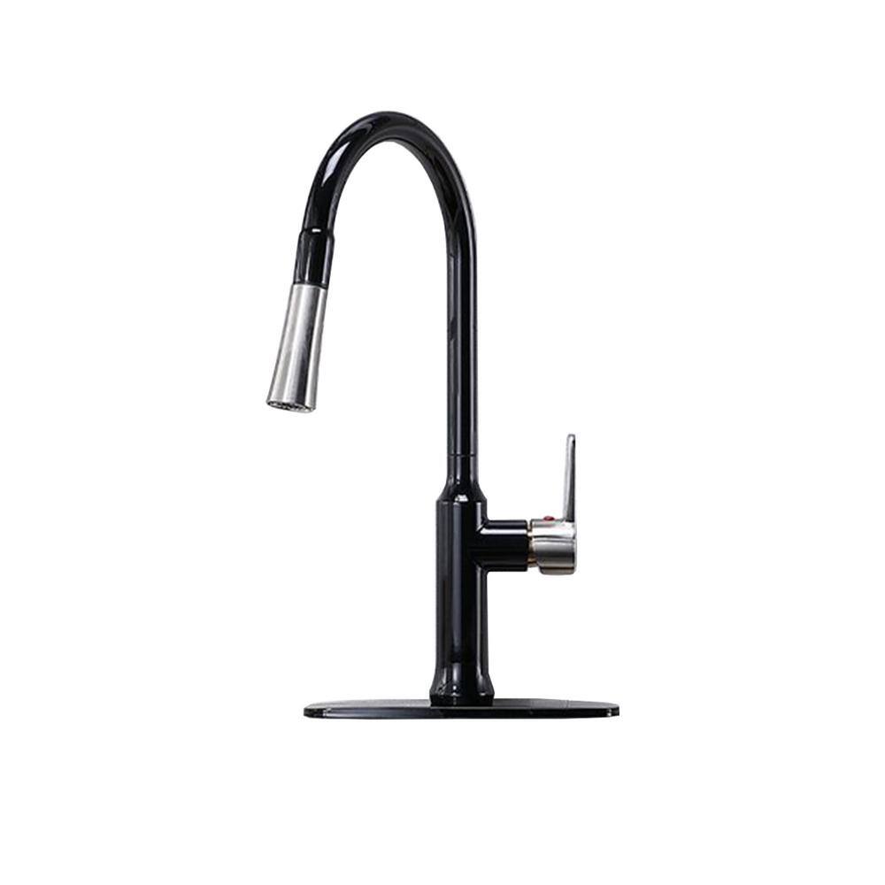 Single Handle Pull-Down Sprayer Kitchen Faucet with Deck Plate in Matte Bla