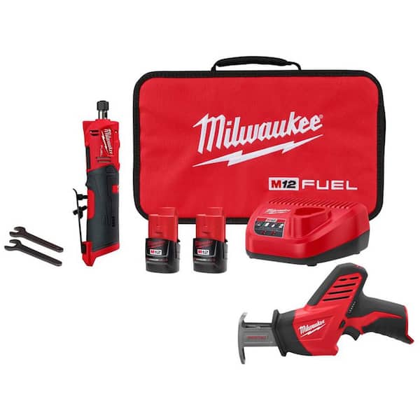 M12 FUEL 12V Lithium-Ion Brushless Cordless 1/4 in. Straight Die Grinder Kit w Two 2.0 Ah Batteries & Reciprocating Saw