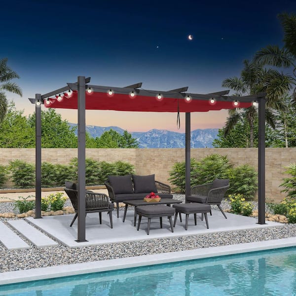 PURPLE LEAF 10 ft. x 13 ft. Gray Aluminum Frame Morden Pergola with Red Retractable Sun Shade Canopy and String Lights for Garden