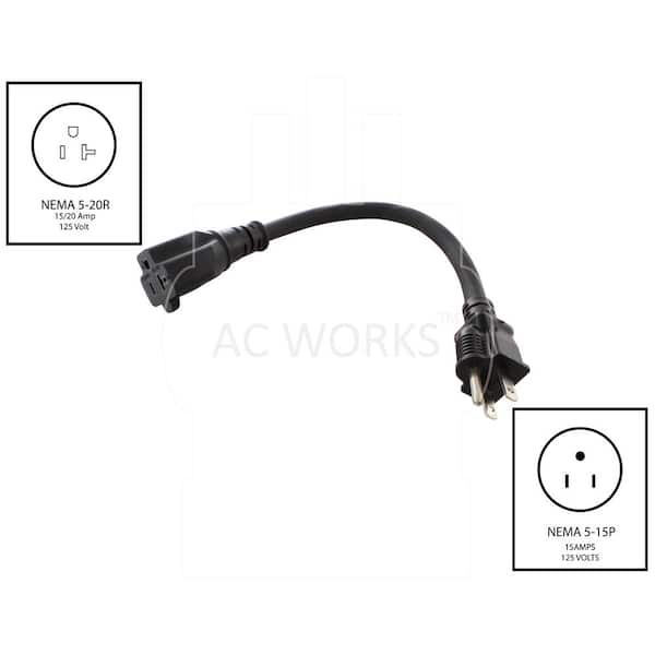 AC Connectors S515520-012 1-Foot 12AWG 15 Amp to 20 Amp Plug Adapter Cord NEMA 5-15P to 5-15/20R(20Amp T Blade)