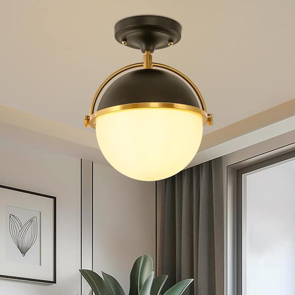 YANSUN 10 in. 1-Light Modern Semi-Flush Mount Ceiling Light with Black and Brass Finish for Living Room, Bedroom