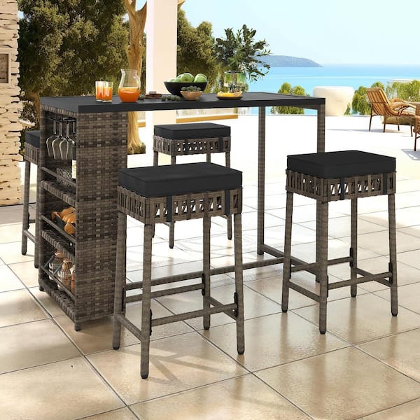 DEXTRUS 5-Piece Wicker Outdoor Serving Bar Set with Black Cushions with Glass Rack
