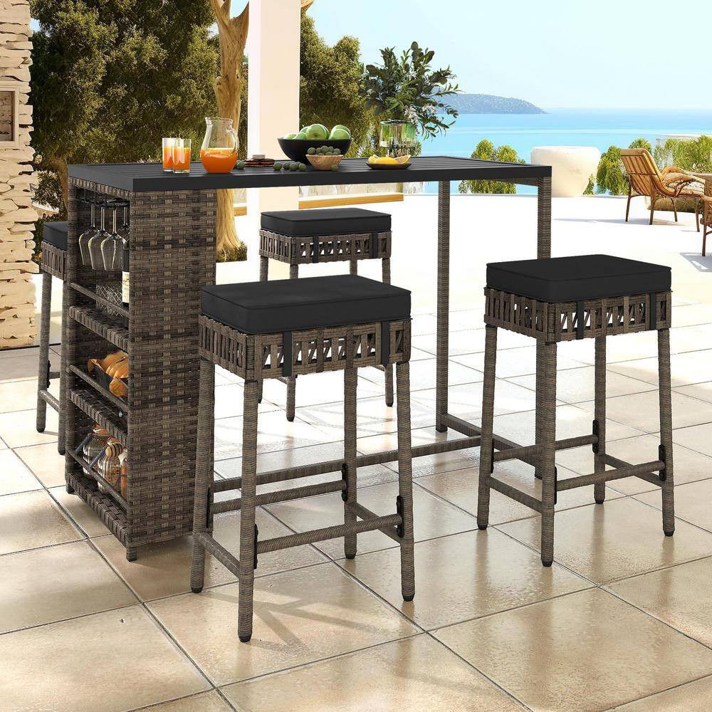 DEXTRUS 5Piece Wicker Outdoor Serving Bar Set with Black Cushions with