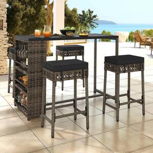 5-Piece Wicker Outdoor Serving Bar Set with Black Cushions with Glass Rack
