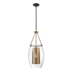 Dunbar 12 in. W x 28.5 in. H 1-Light Bronze with Warm Brass Accents Shaded Pendant Light with Clear Glass Shade