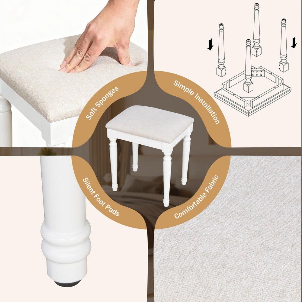 2-Piece White Makeup Vanity Set with Cushioned Stool, Tri-Fold Light Mirror, 5-Drawers, 2 Cabinets, Charging Station - thumbnail 8