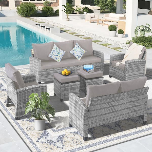 8-Piece Wicker Patio Outdoor Sectional Furniture Set with Brown Cushion