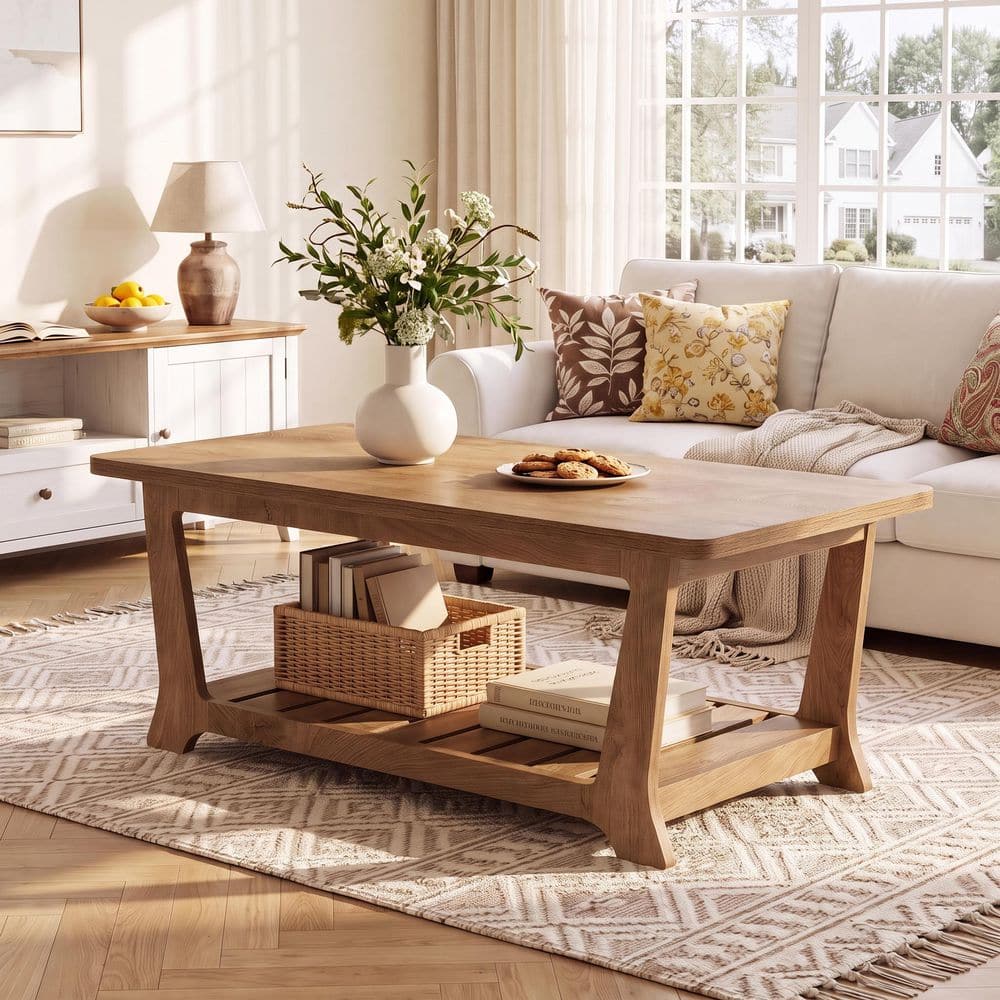 47.2 in. Farmhouse Brown Rectangle Wood Coffee Table with Storage, 2-Tier Center Table with Open Shelves, Space Saving price history on PriceWatchPro