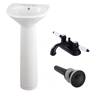 16 in. W White Small Pedestal Bathroom Sink Porcelain Basin, Pedestal Leg, Black 4 in. Faucet and Drain
