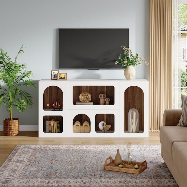 TV Stand Fits TVs up to 50 to 65 in. White Modern TV Console Table with Open Storage Shelves