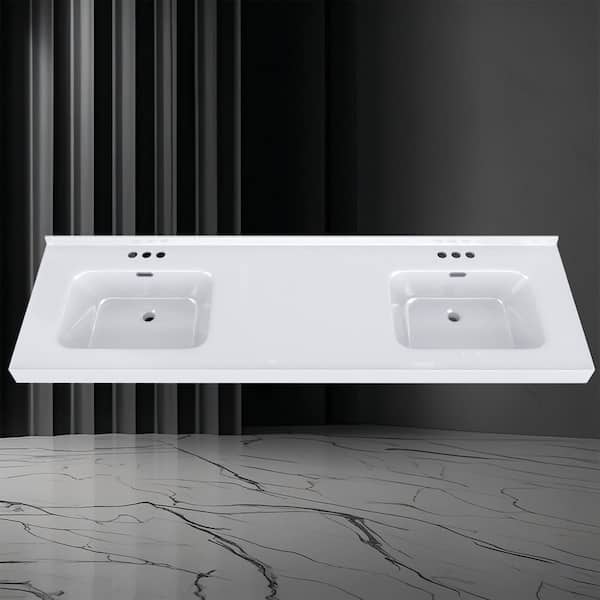 73 in. W x 22 in. D Solid Surface White Vanity Top Rectangular Double Sink Bathroom Vanity Top in White with Overflow