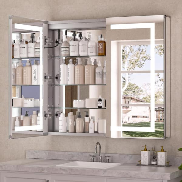 KeonJinn 36 in. W x 30 in. H Rectangular LED Lighted Anti-Fog Tempered Glass Aluminum Medicine Cabinet with Mirror in Silver