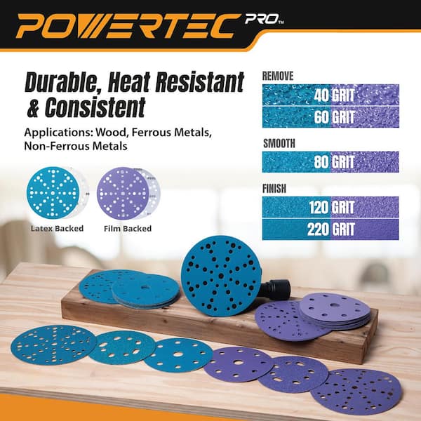 POWERTEC 6 in. 49 Holes Zirconia Hook and Loop Sanding Disc, 50