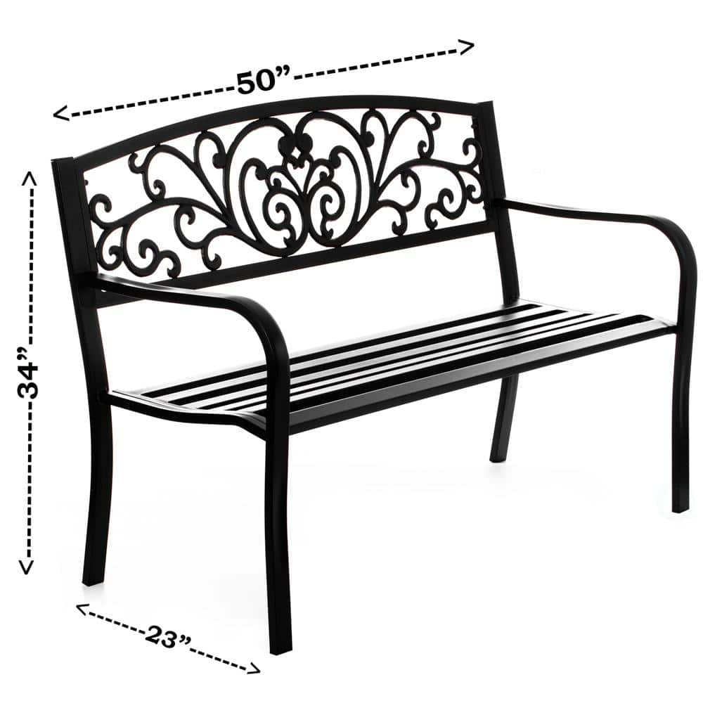 Black Powder Coated Steel Outdoor Bench with Cast Iron Backrest