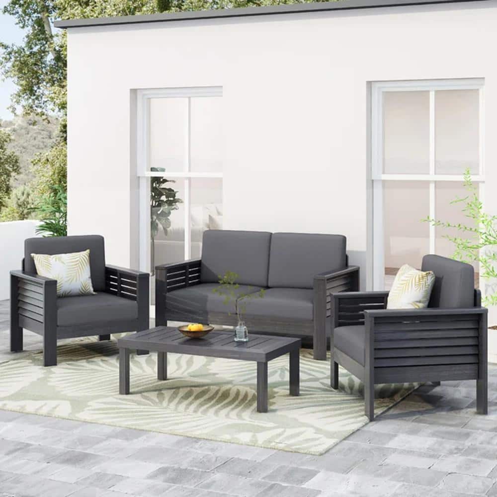 4-Pieces Wood Patio Conversation Set, Outdoor Loveseat and Coffee Table Set