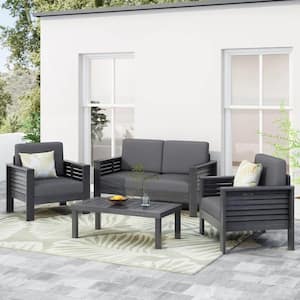 4-Pieces Wood Patio Conversation Set, Outdoor Loveseat and Coffee Table Set with Gray Cushions